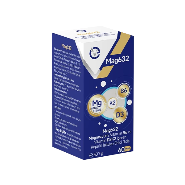 Mag632 Magnezyum, Vitamin B6 ve Vitamin D3K2 İçeren Kapsül Takviye Edici Gıda